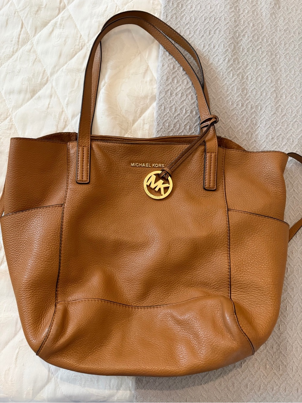 Michael Kors Cognac Pebbled Leather Tote with Logo Charm